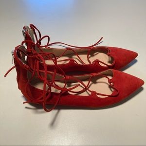 J. Crew Red Suede Lace-up Point Toe Flats 6 Ballet Glam
